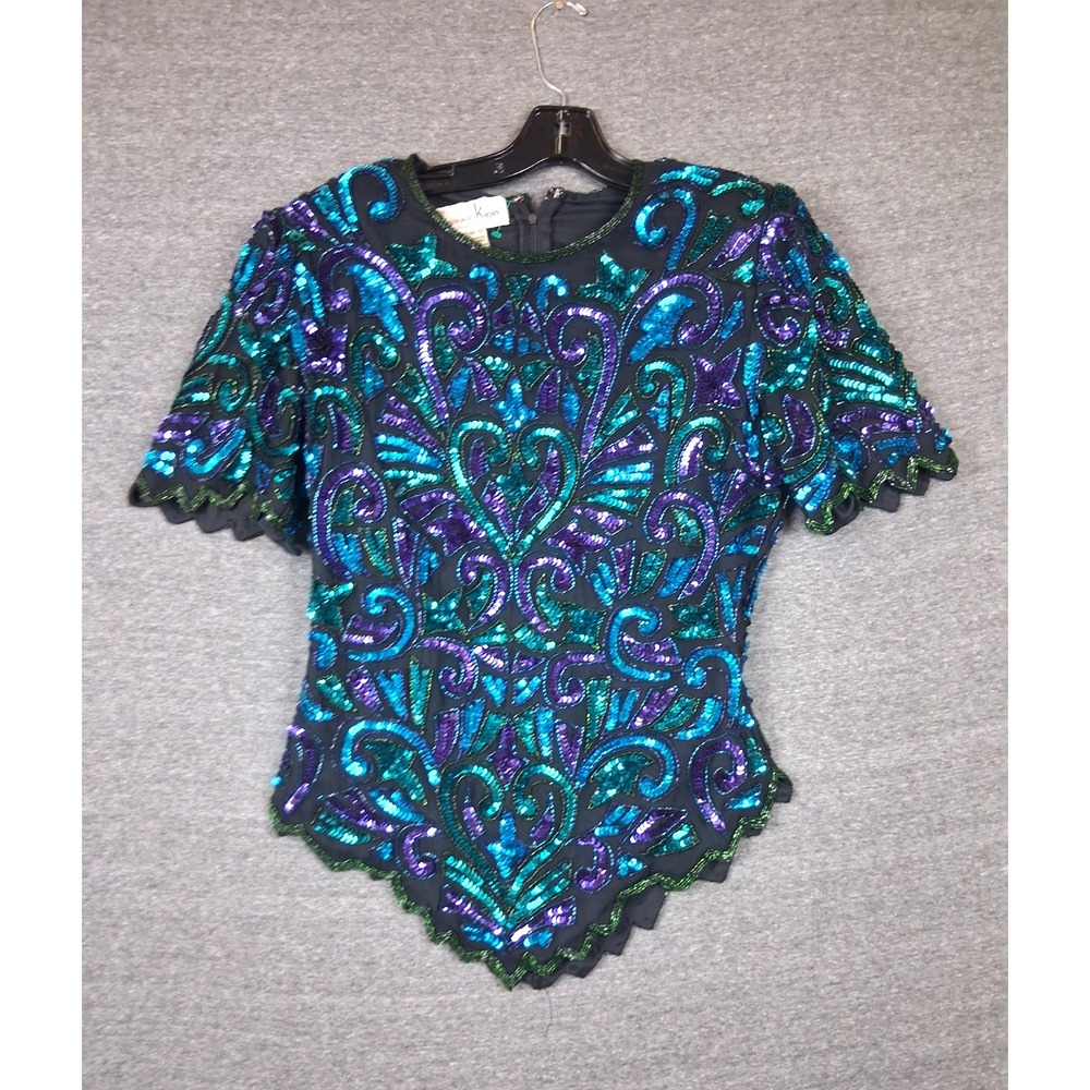 VTG Laurence Kazar Top Blue Purple Sequin Scallop Mermaid Core Dark Fairy Whimsy